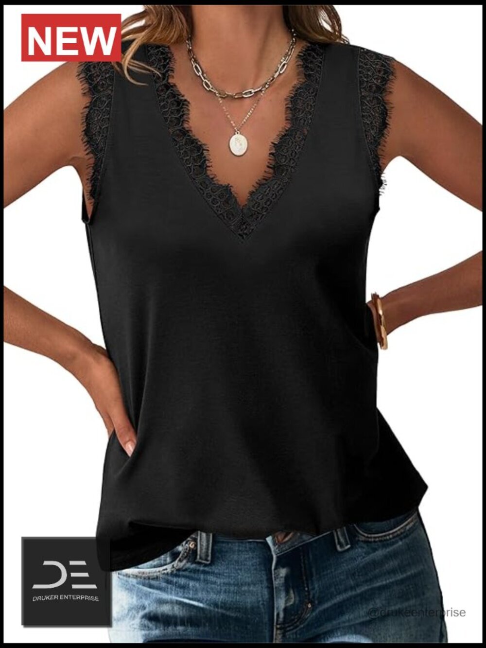 Lace Trim V Neck Sleeveless Tank Top Casual Dressy Cami